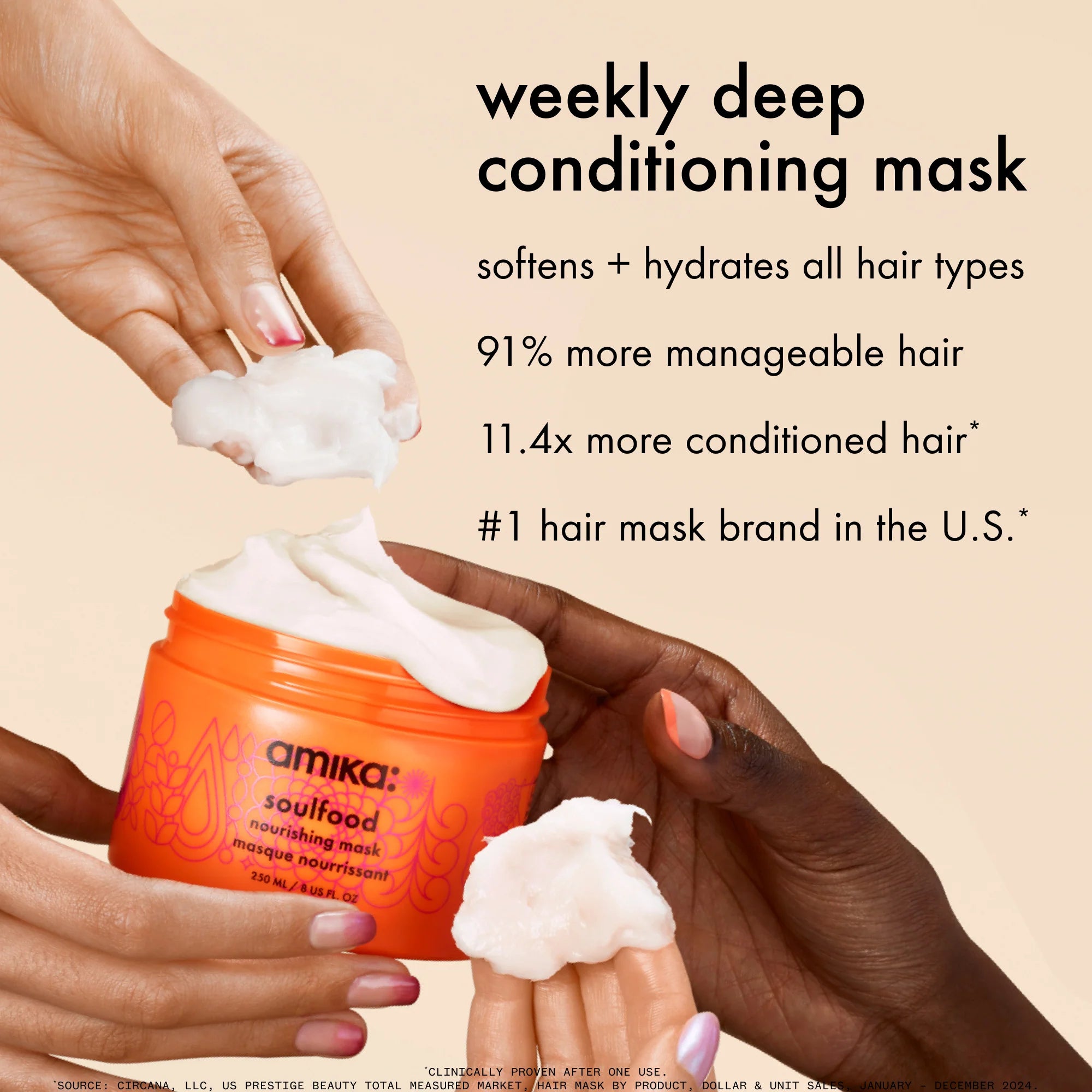 Amika Soulfood nourishing mask with cream in hands above orange jar