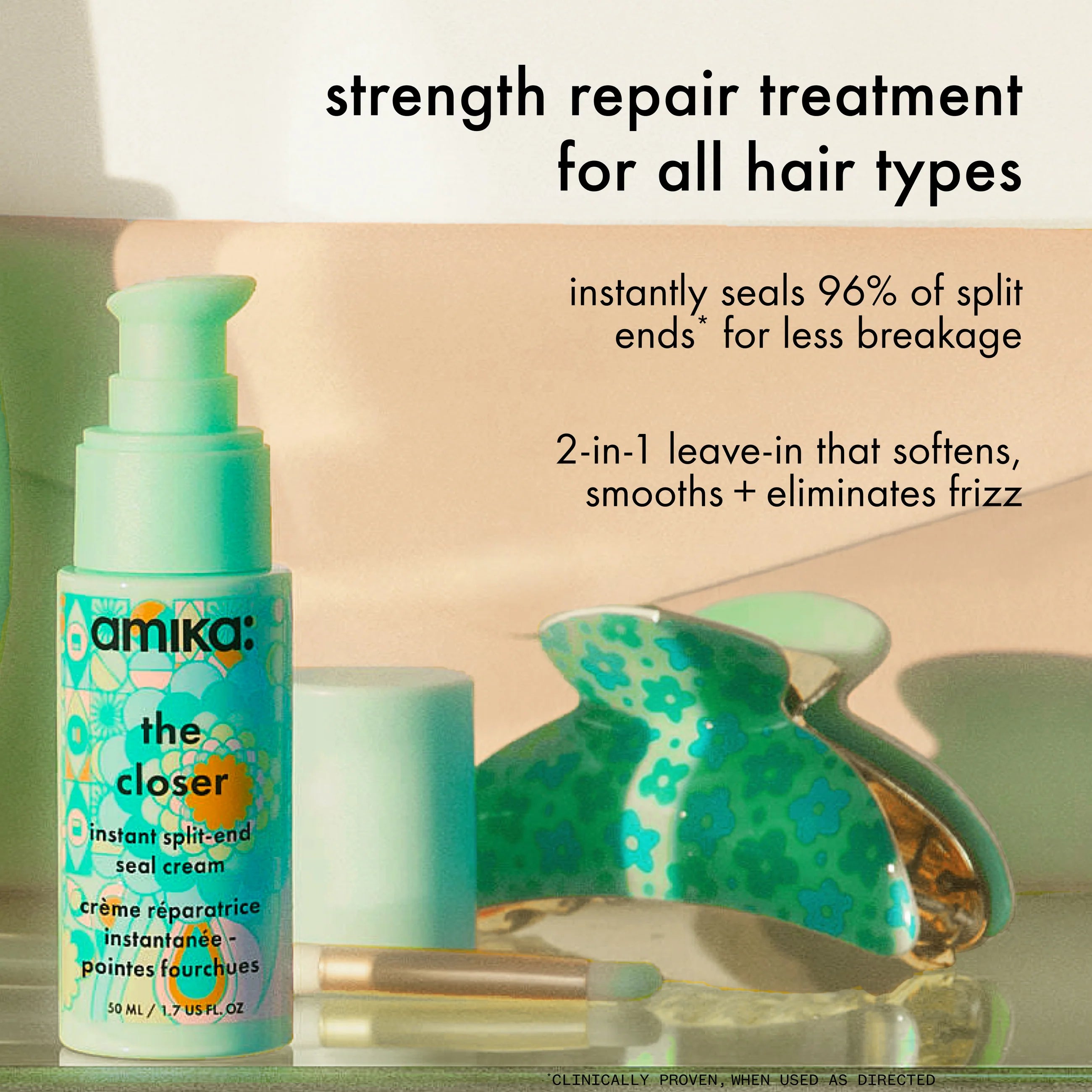 Amika split-end seal cream bottle with pump top, mint-green label