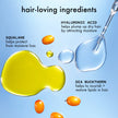 Hair-loving ingredients graphic with hyaluronic acid, squalane, sea buckthorn