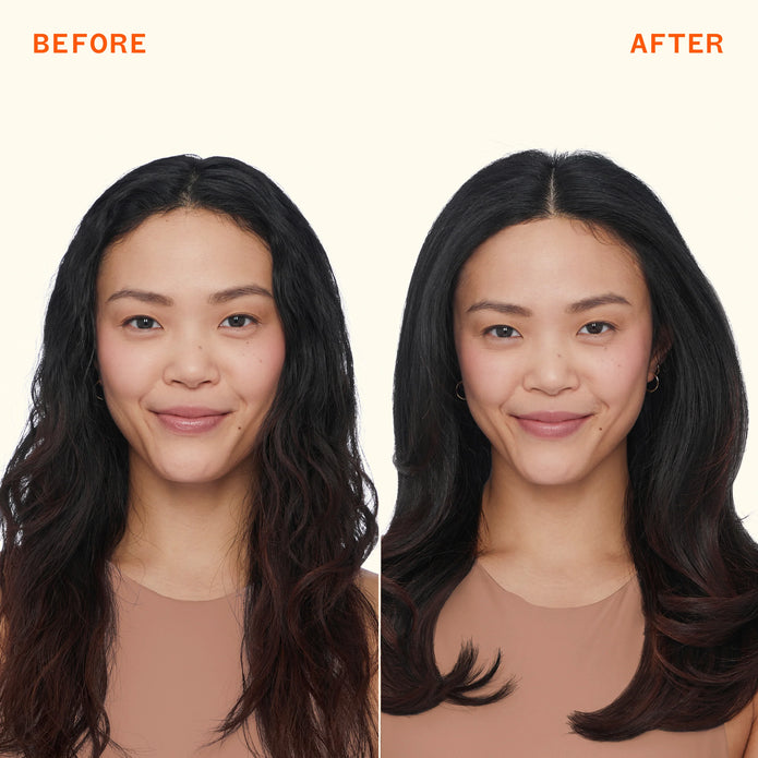 Dry shampoo before-and-after hair comparison with dark wavy hair