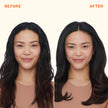 Dry shampoo before-and-after hair comparison with dark wavy hair