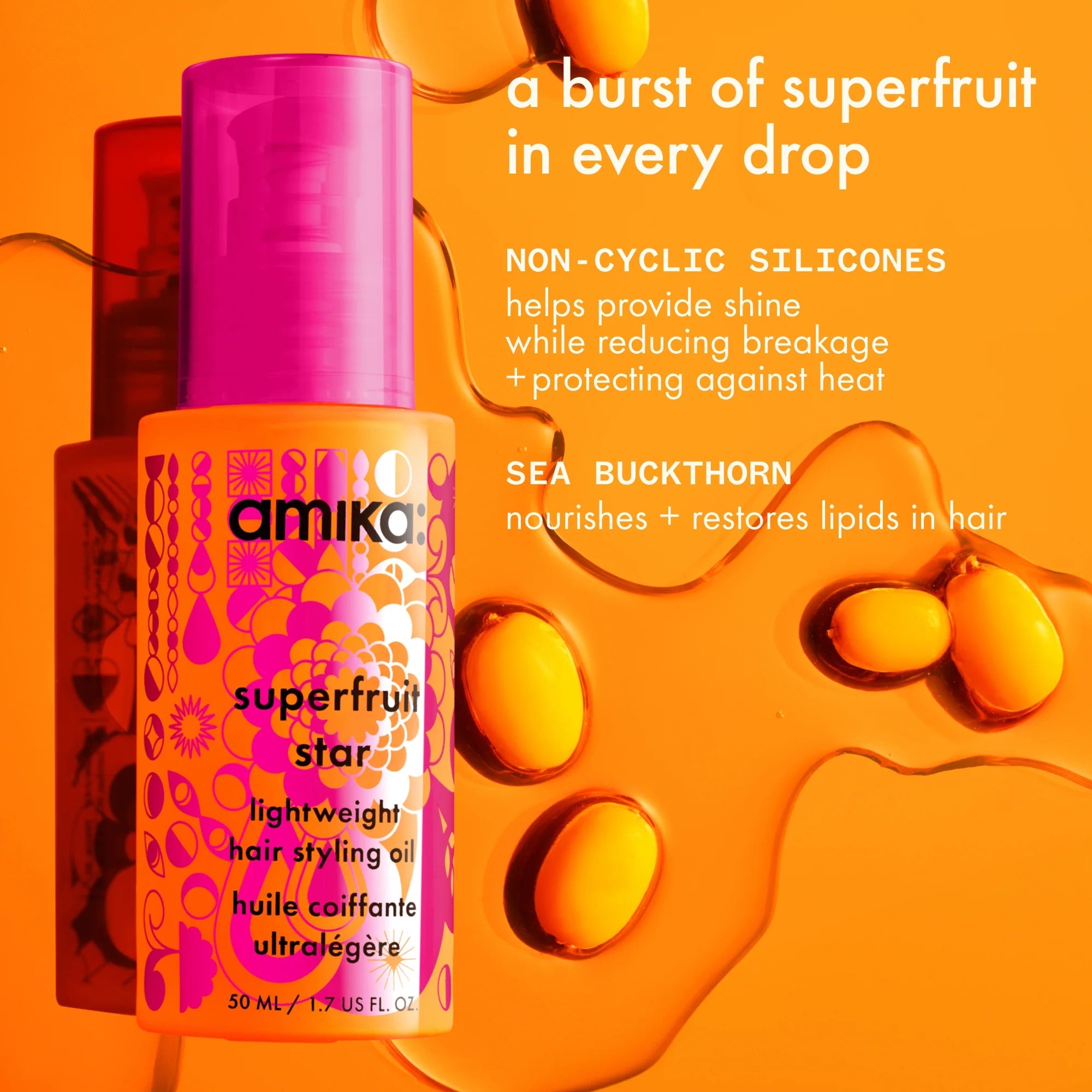 Amika Superfruit Star lightweight hair styling oil bottle with pink cap