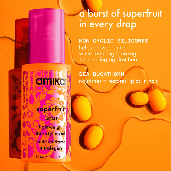 Amika Superfruit Star lightweight hair styling oil bottle with pink cap