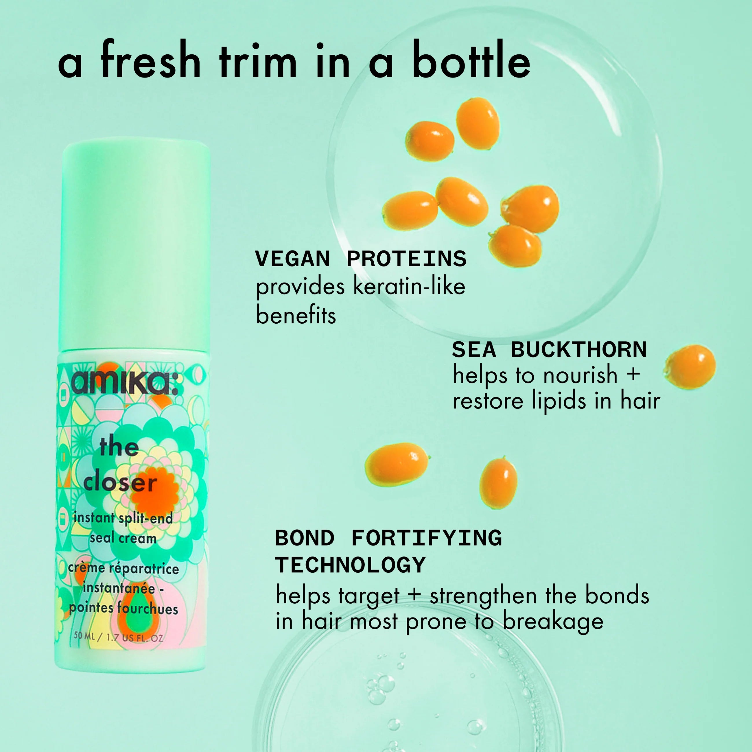 Split-end seal cream bottle with vegan protein and sea buckthorn benefits graphic