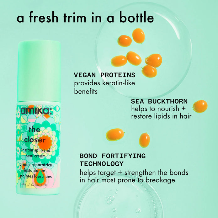 Split-end seal cream bottle with vegan protein and sea buckthorn benefits graphic