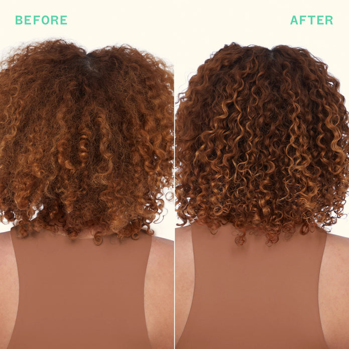 Curly brown hair before-and-after, left side fuller curls, right side smoother curls