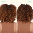 Curly brown hair before-and-after, left side fuller curls, right side smoother curls