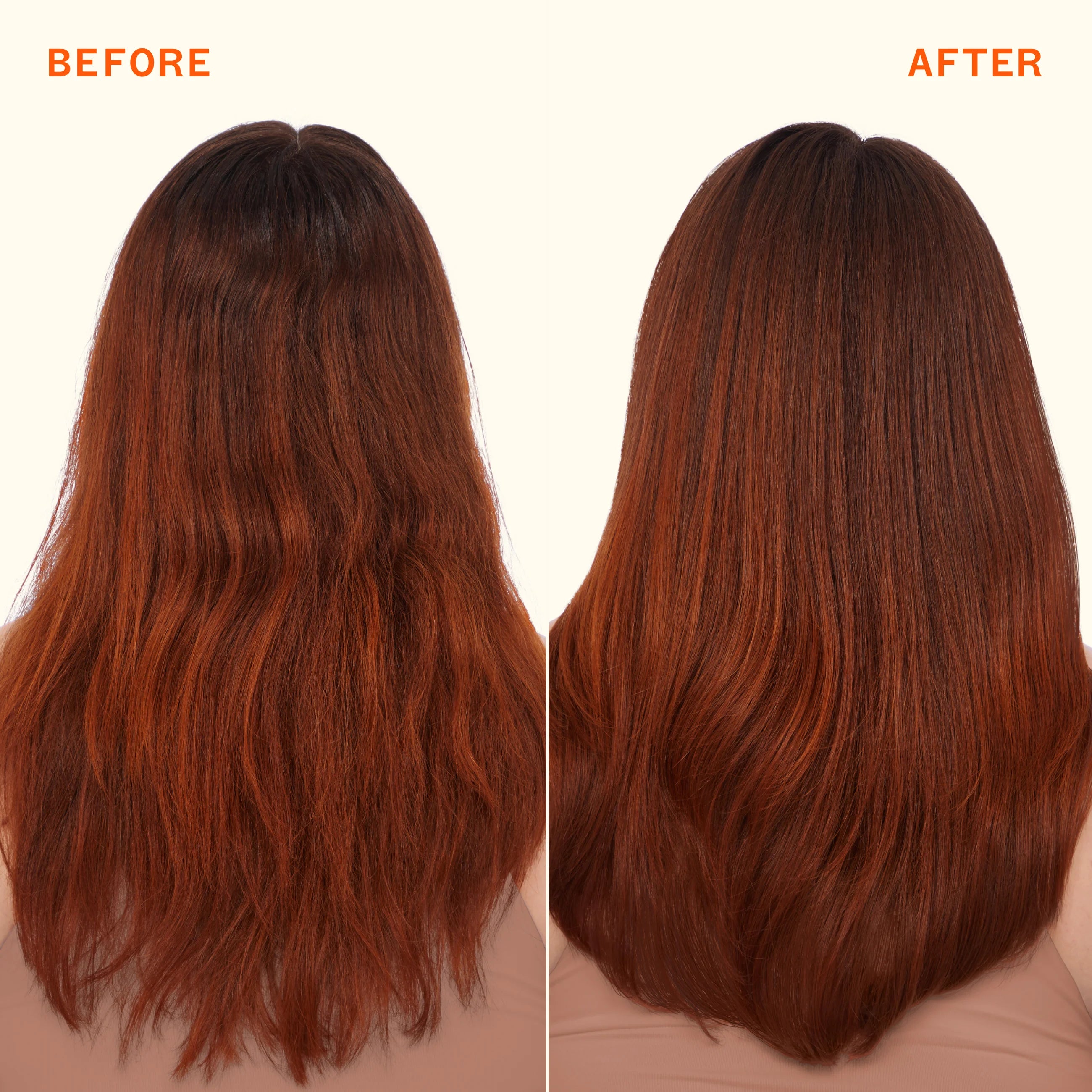 Nourishing mask results, split view of dark brown hair before and after