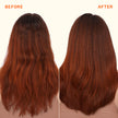 Nourishing mask results, split view of dark brown hair before and after