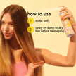 Woman holding The Shield anti-humidity spray can, how-to steps text visible