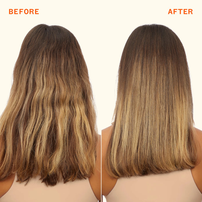 Nourishing mask results, split view of blonde hair before and after