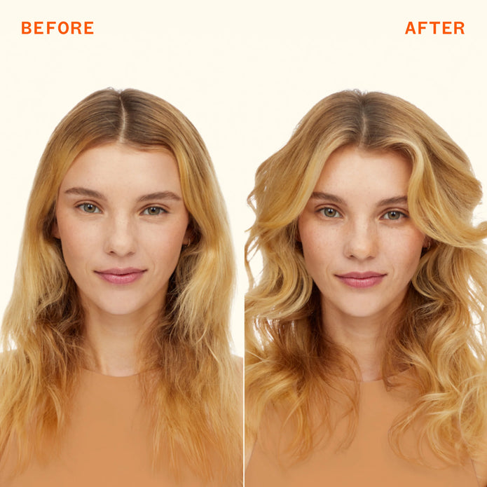 Dry shampoo before-and-after hair comparison with blonde wavy hair