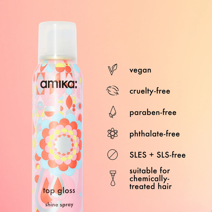 Hair gloss shine spray bottle with vegan and cruelty-free care icons