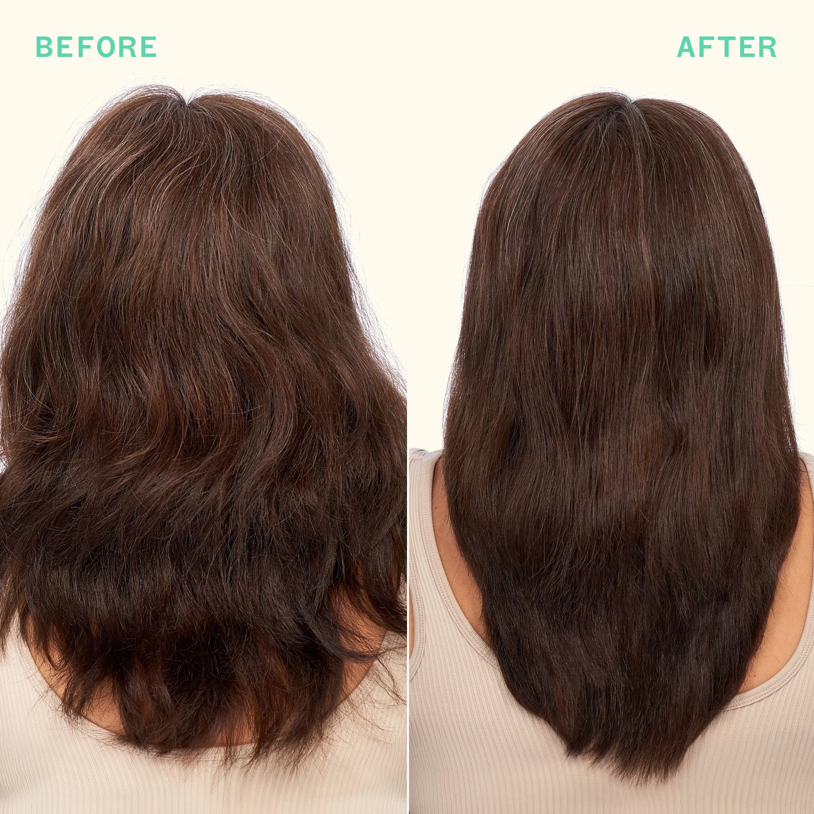 Before-and-after straight dark hair after overnight strength repair treatment