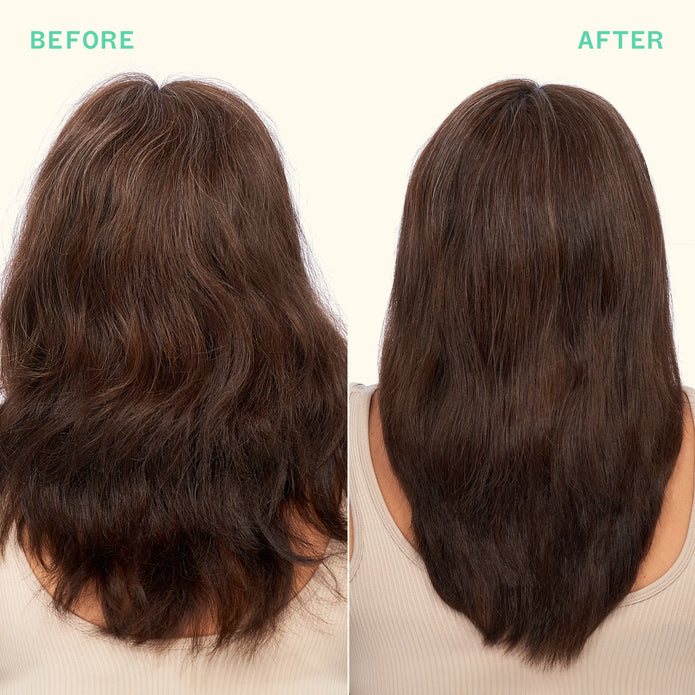 Before-and-after straight dark hair after overnight strength repair treatment