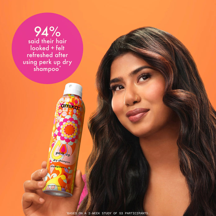 Dry shampoo bottle held in hand, colorful floral design with white cap