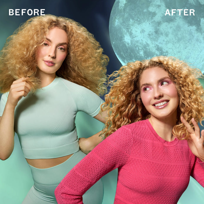Before-and-after curly hair after overnight strength repair mask; smoother, healthier curls