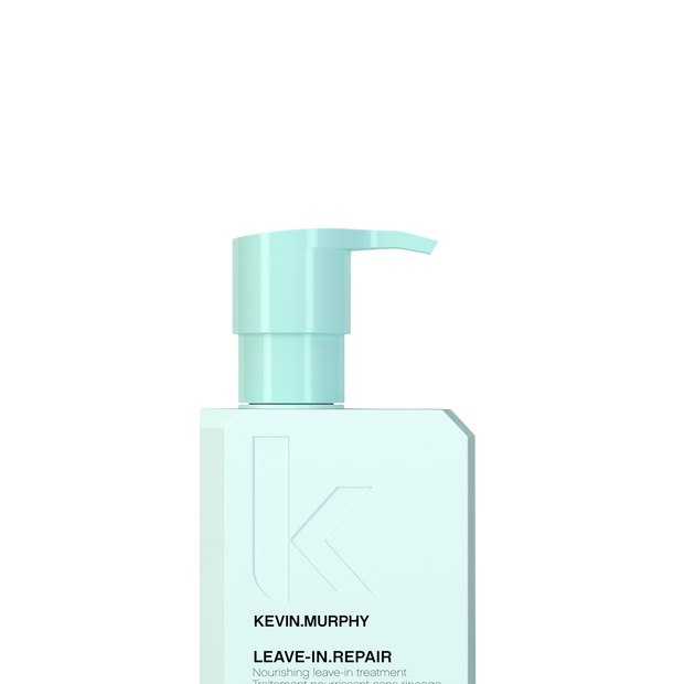 Light blue leave-in repair treatment bottle with pump, 200 mL