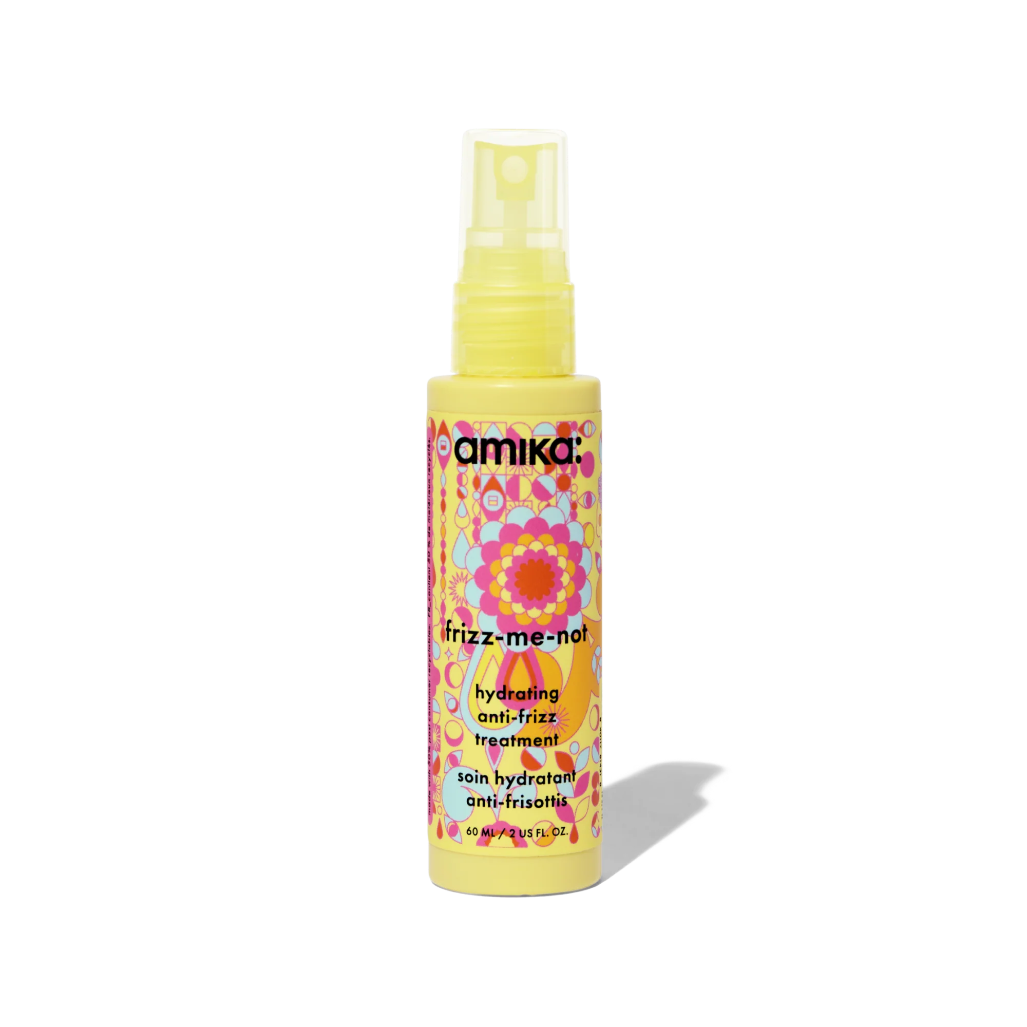 Anti-frizz hydrating hair treatment spray bottle, front view with pump cap