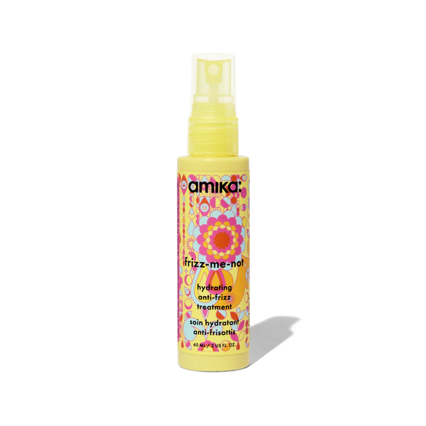 Anti-frizz hydrating hair treatment spray bottle, front view with pump cap