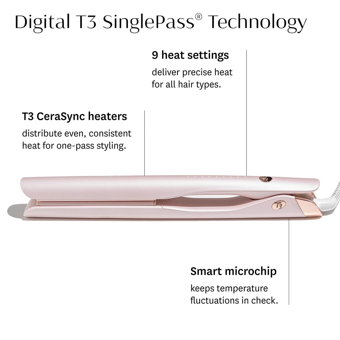Light pink digital T3 SinglePass straightener on white background, showing front plate area