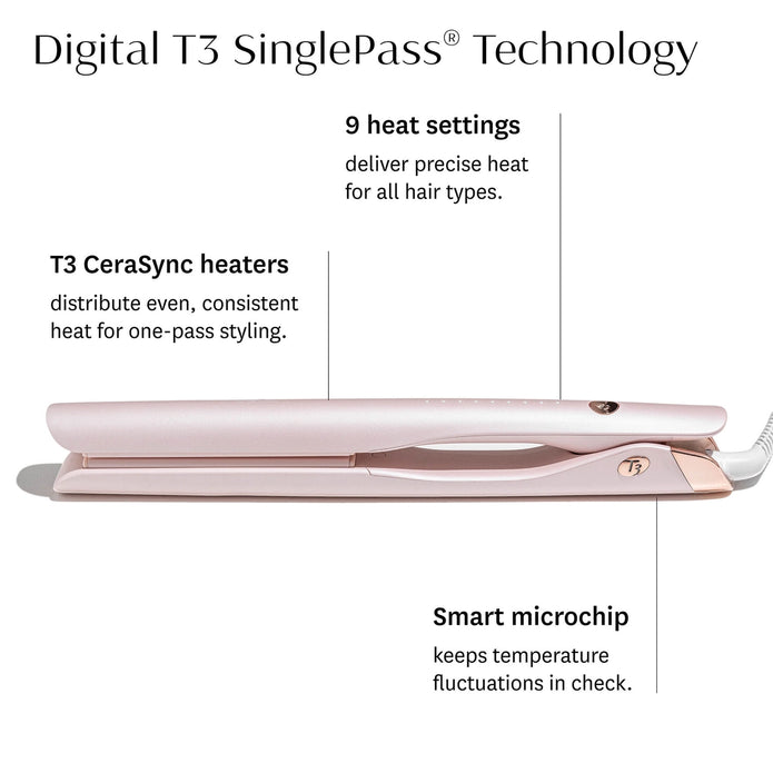 Light pink digital T3 SinglePass straightener on white background, showing front plate area