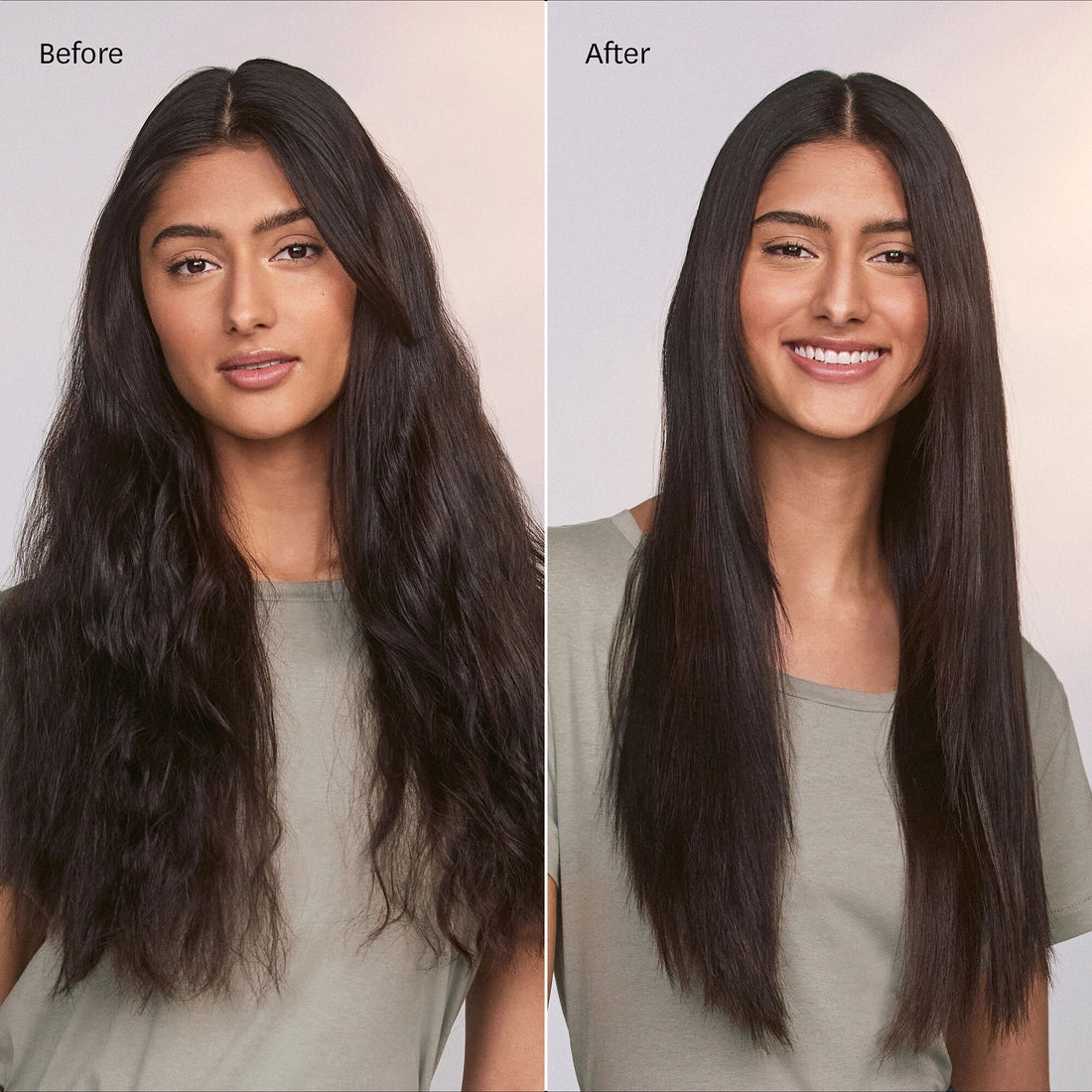 Before-and-after hair styling with a light pink straightener, long black hair