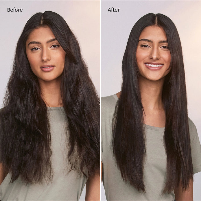 Before-and-after hair styling with a light pink straightener, long black hair