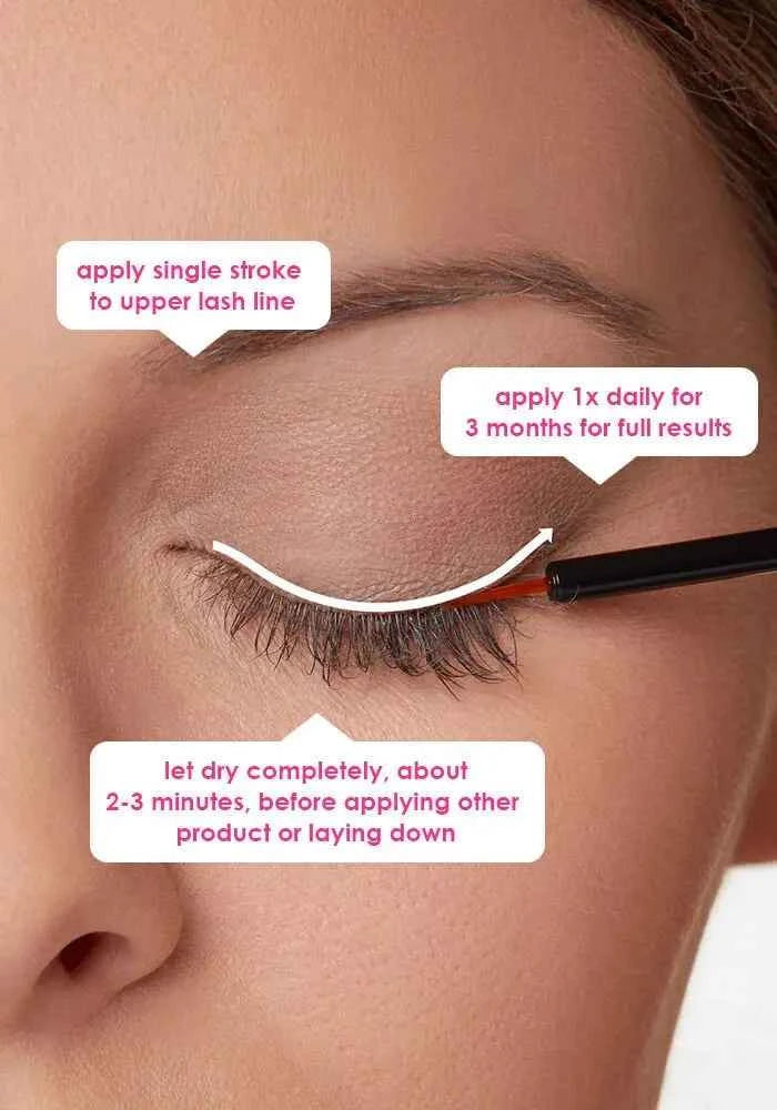 Lash enhancing serum applicator wand over upper eyelash line on bare eye