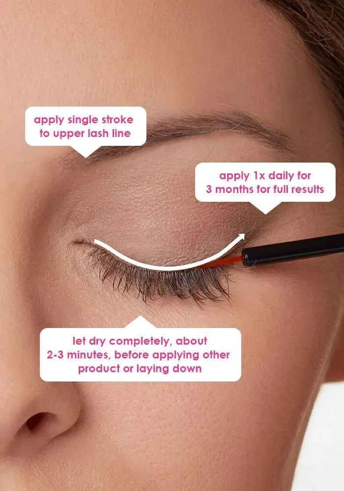Lash enhancing serum applicator wand over upper eyelash line on bare eye