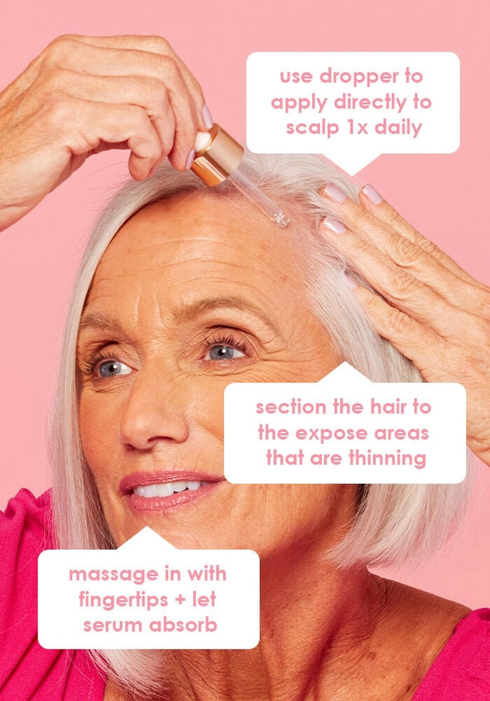 Hair serum dropper applying to scalp on gray hair, hands holding applicator