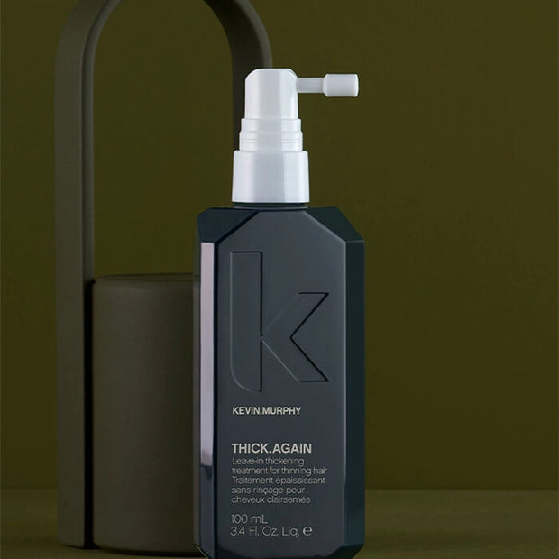 THICK.AGAIN leave-in thickening hair treatment bottle with pump, angled view