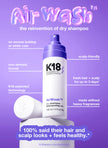 K18 AirWash dry shampoo canister with purple spray top, white bottle