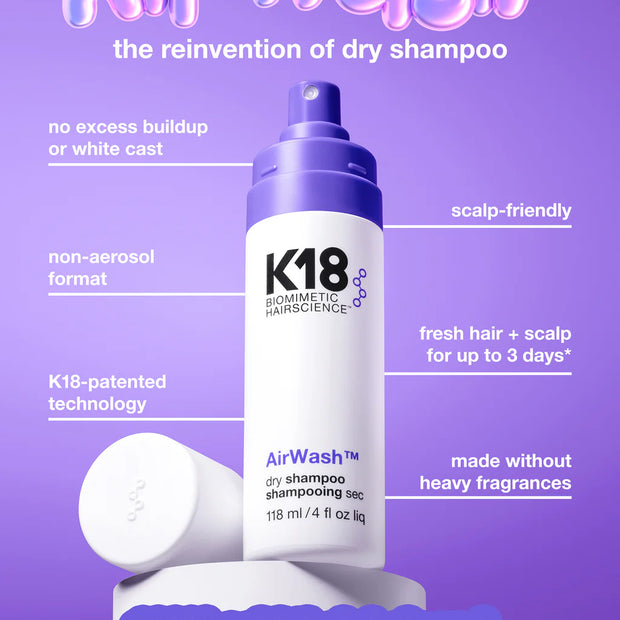 K18 AirWash dry shampoo canister with purple spray top, white bottle