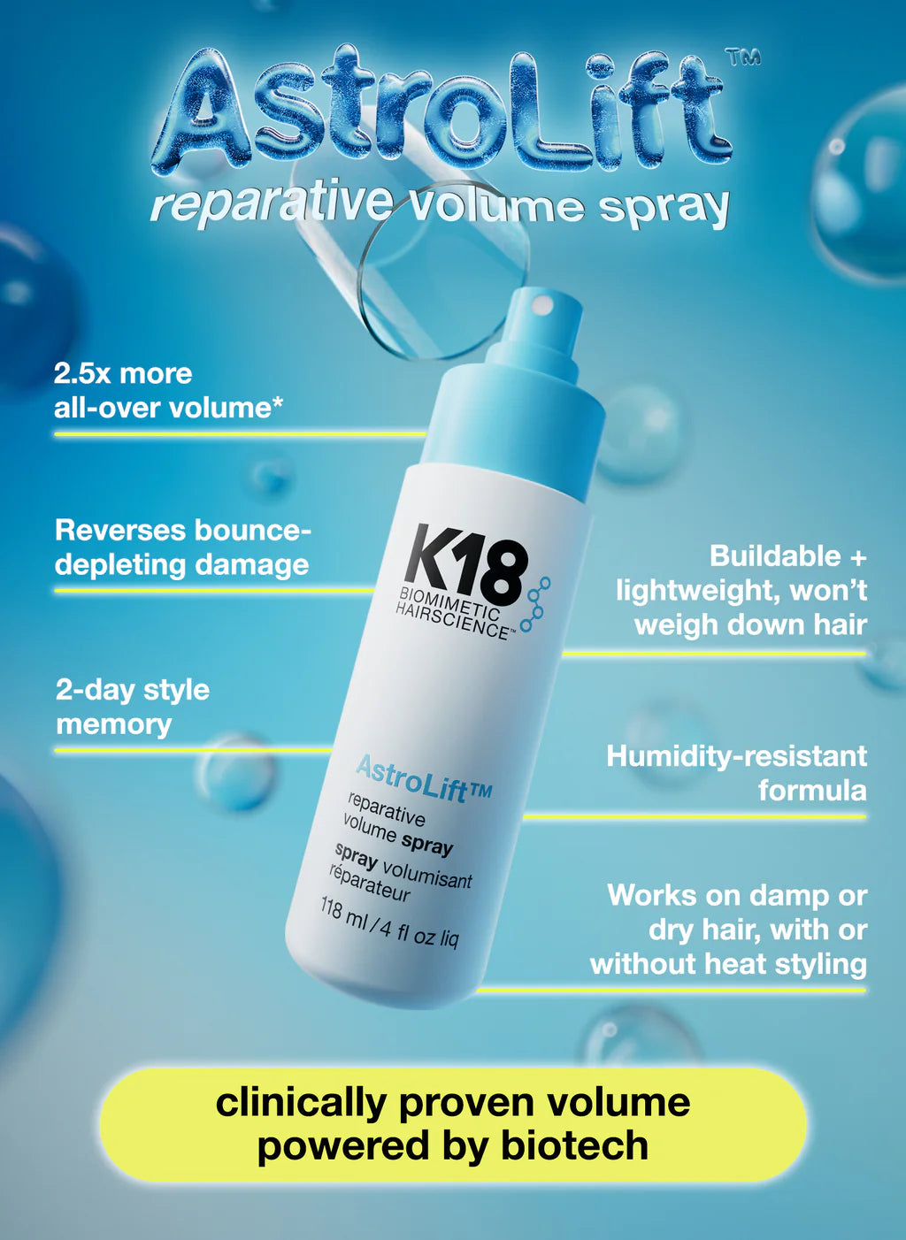 K18 AstroLift reparative volume spray bottle with spray pump