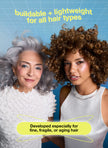 Women with styled hair showing added volume in a lightweight volume spray promo