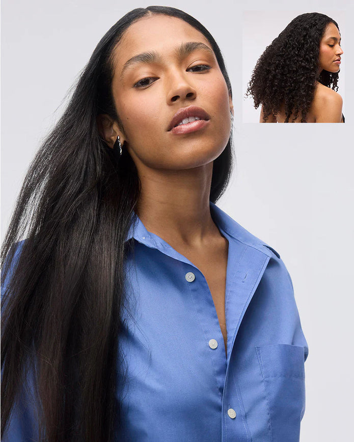 Model with long straight black hair, styled using a flat iron shown in inset
