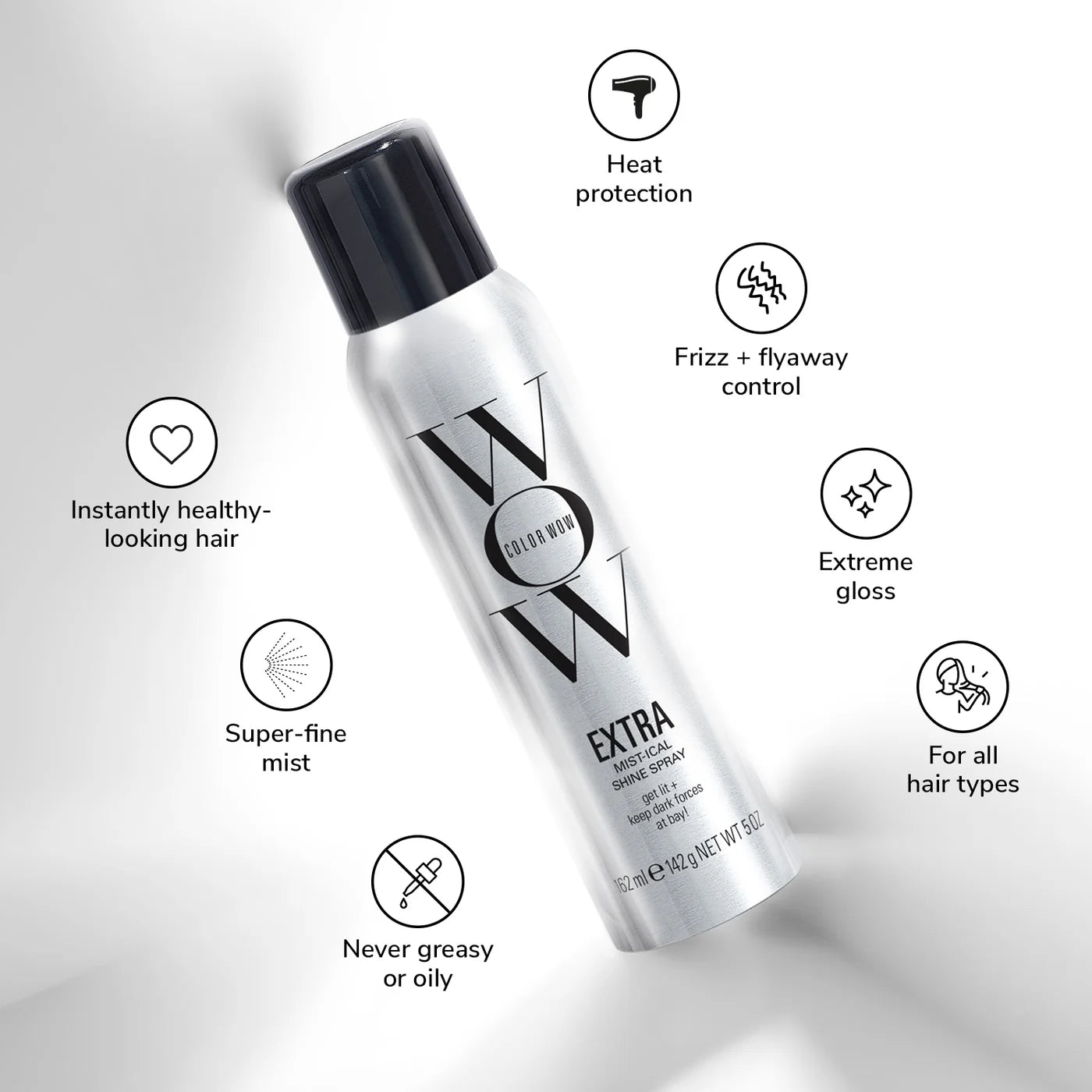 Extra Mist-ical Shine Spray bottle with icons: heat protection, frizz control, gloss