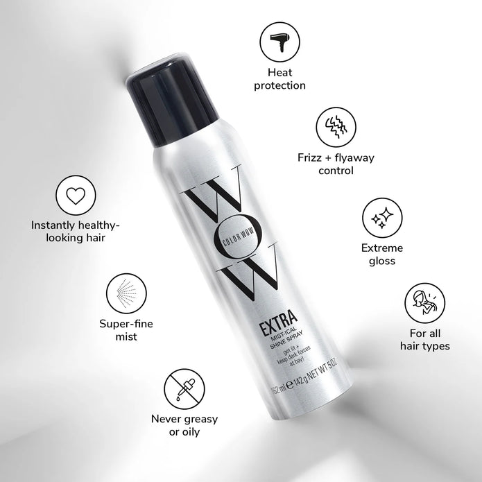Extra Mist-ical Shine Spray bottle with icons: heat protection, frizz control, gloss