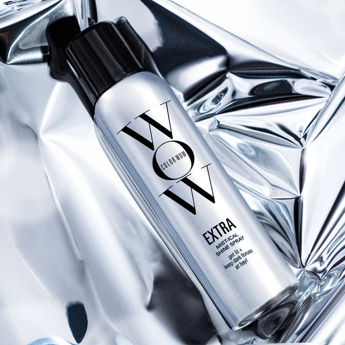 Extra Mist-ical Shine Spray bottle, silver finish with Color Wow logo, angled view