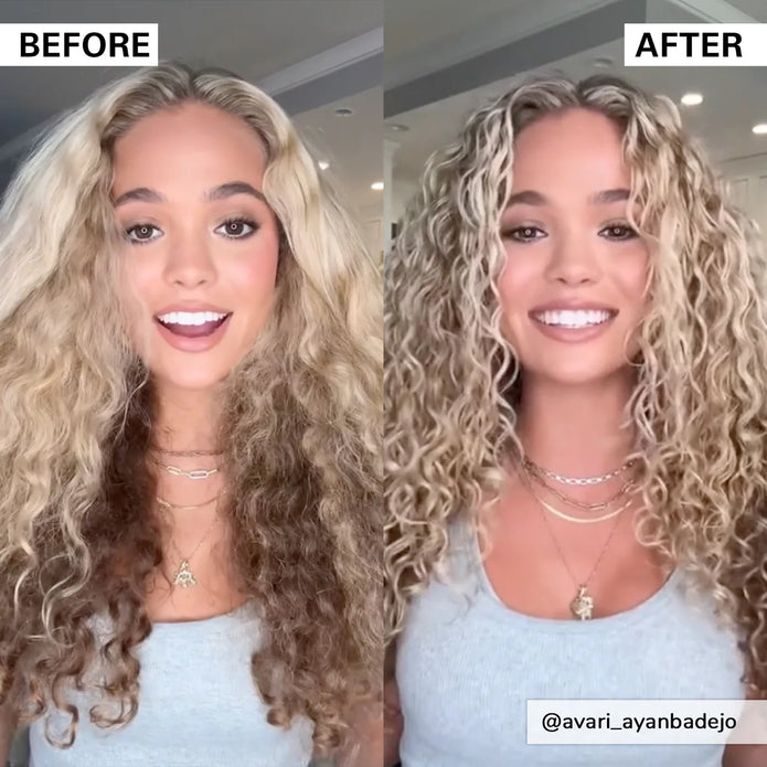 Curly hair before-and-after, ringlets look defined and frizz reduced