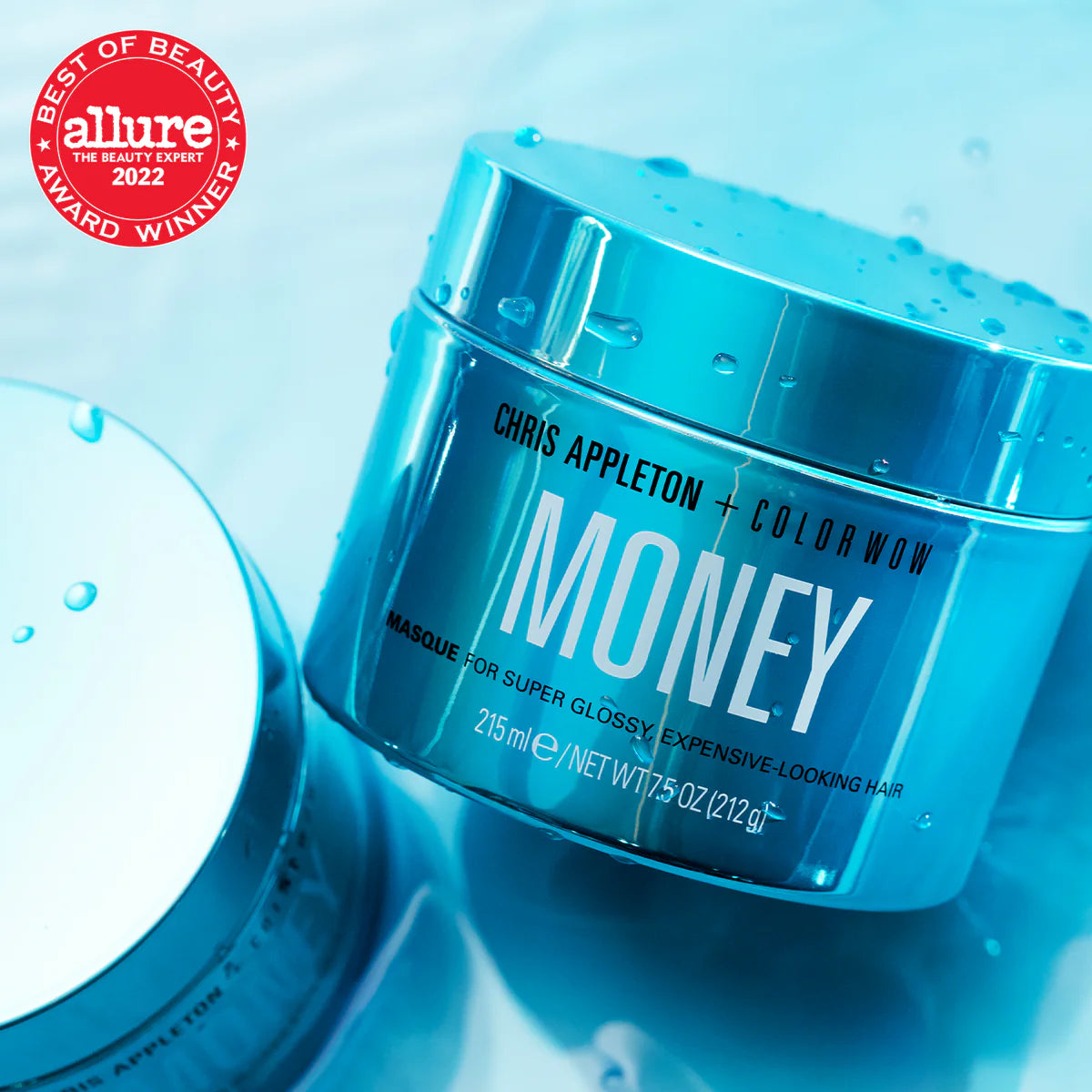 Money Masque jar, turquoise plastic container with label for super glossy hair