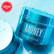 Money Masque jar, turquoise plastic container with label for super glossy hair