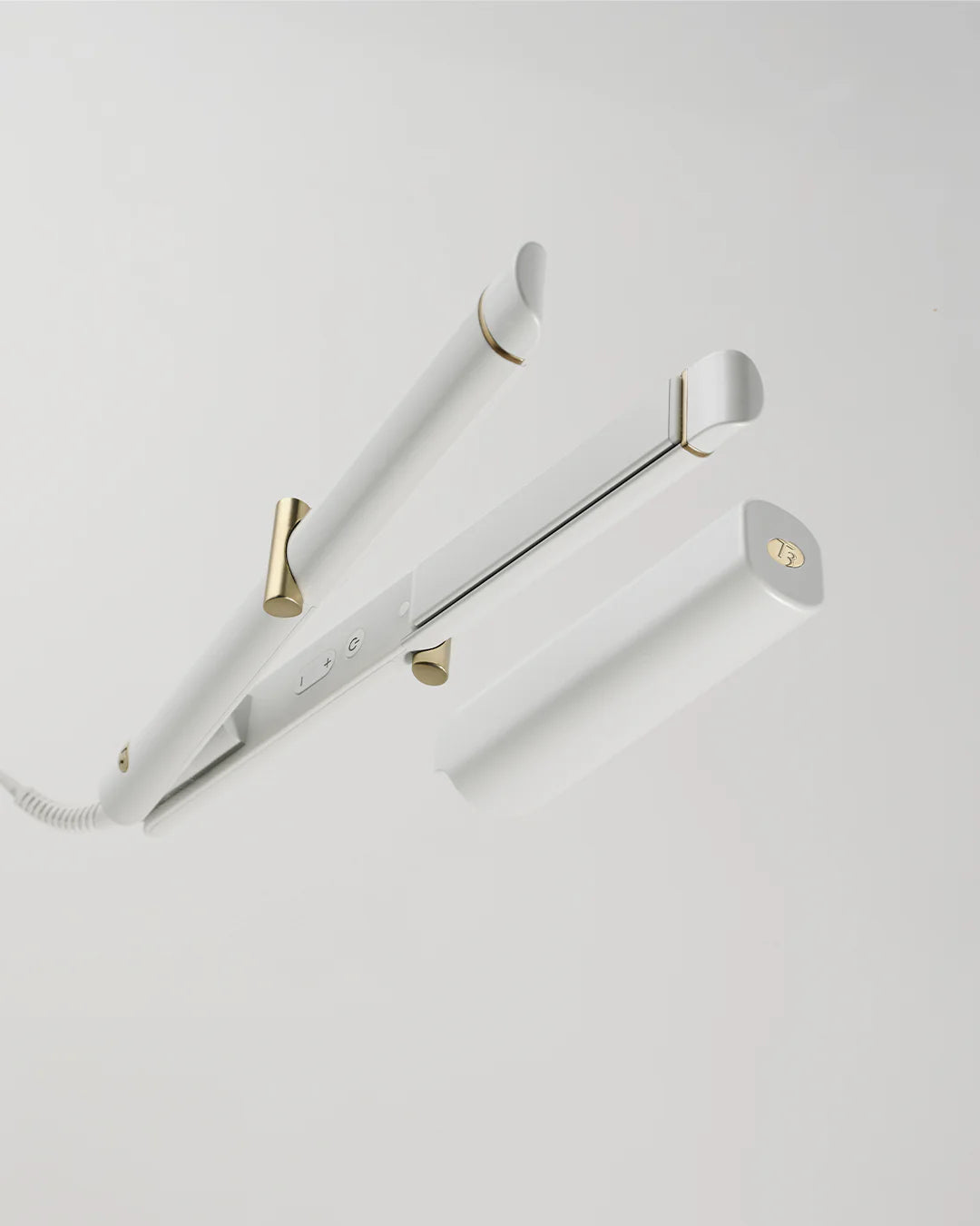 White curling straightener with open plates, gold hinges and side buttons