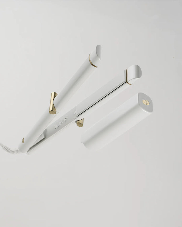 White curling straightener with open plates, gold hinges and side buttons