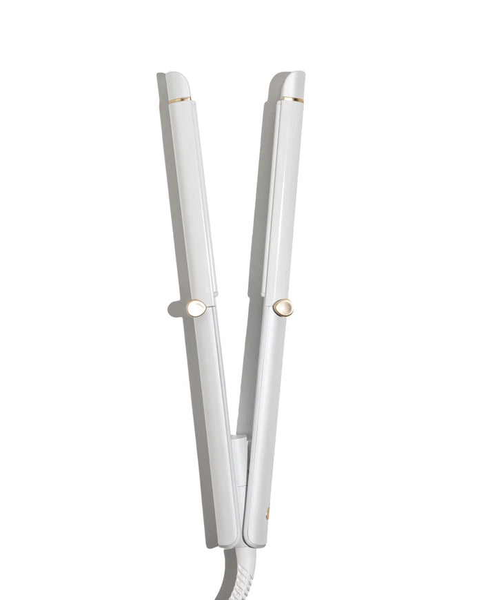 White T3 curling straightener with dual heated plates and gold accents