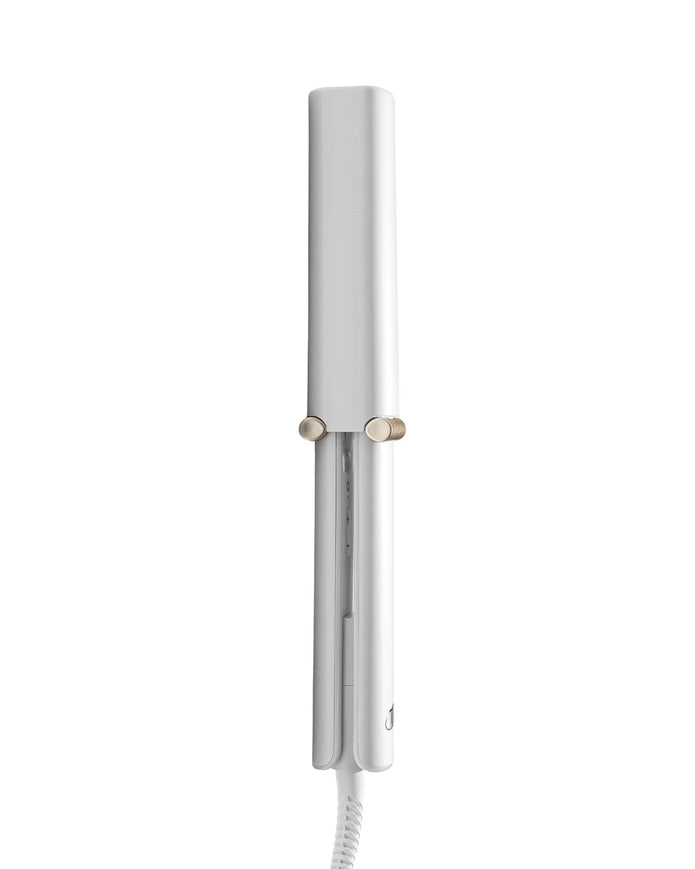 White T3 curling straightener with gold accents and power cord, front view