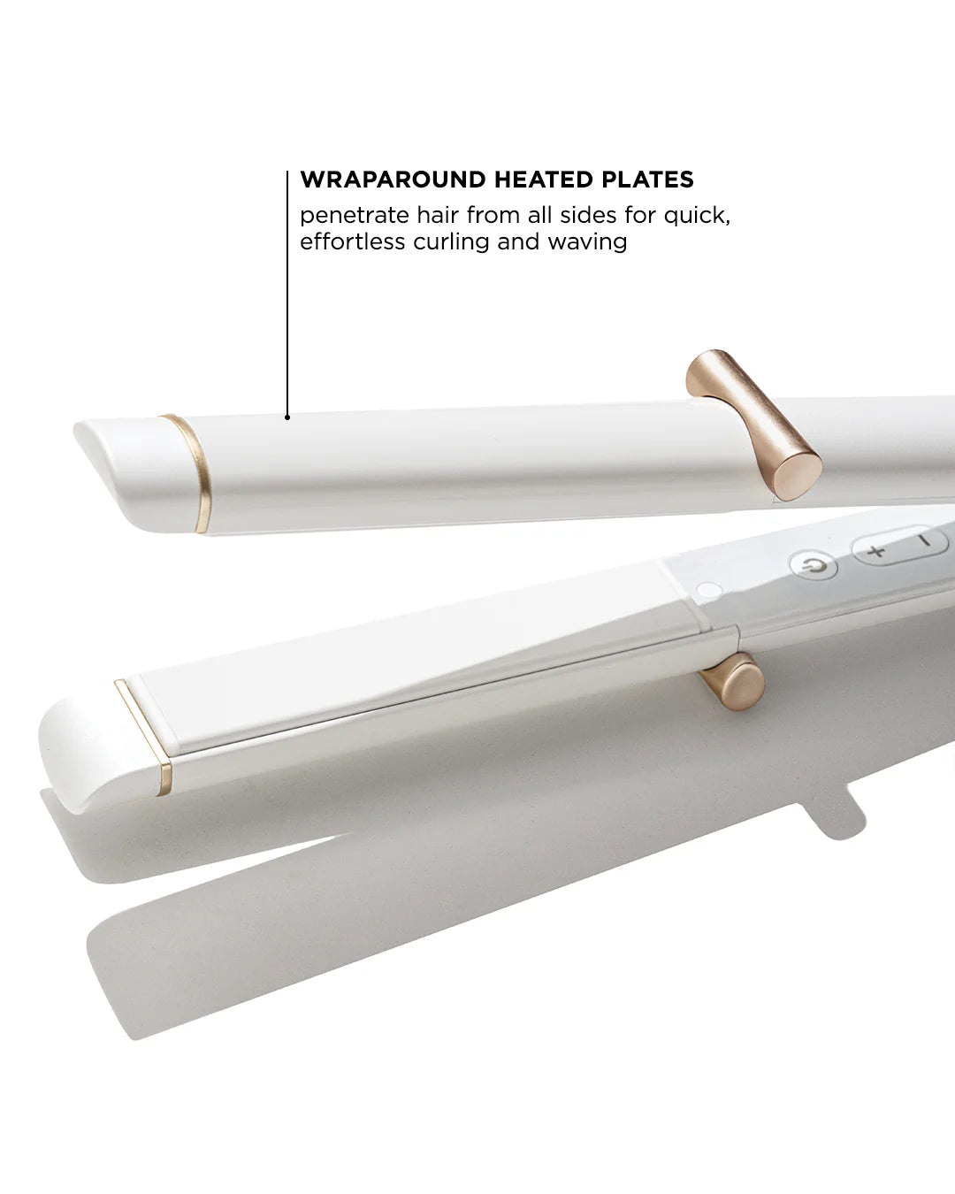 White curling straightener featuring wraparound heated plates and gold end details