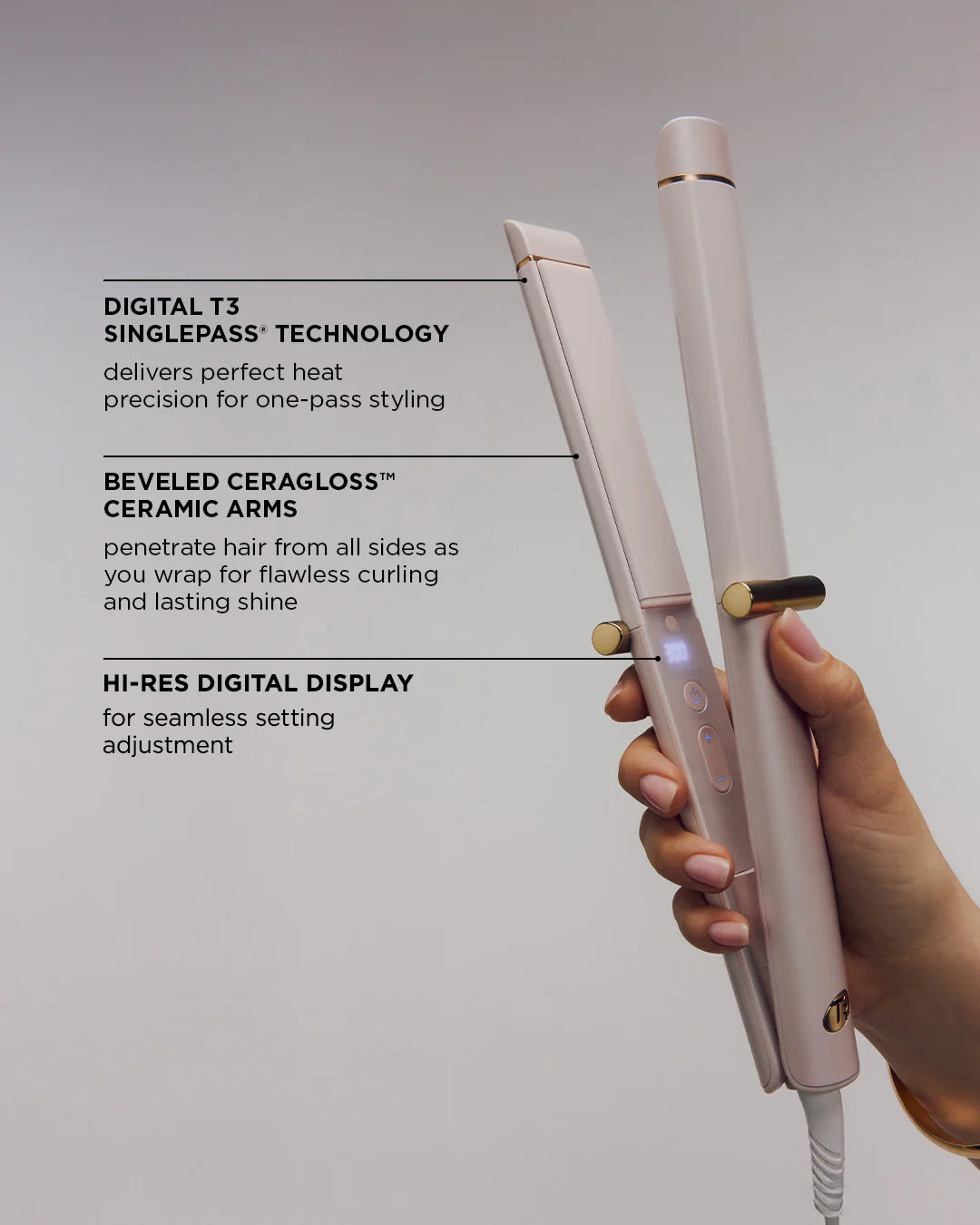 Satin Blush T3 curling straightener with digital display and heat setting buttons