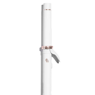 CurlWrap white curling iron with rose-gold barrel clip and protective prong
